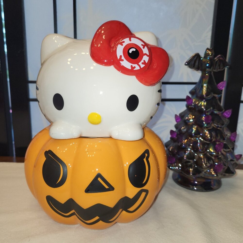Hello Kitty Ceramic Pumpkin w/ Spooky Red Eye Bow Cookie Coffee Pod Jar